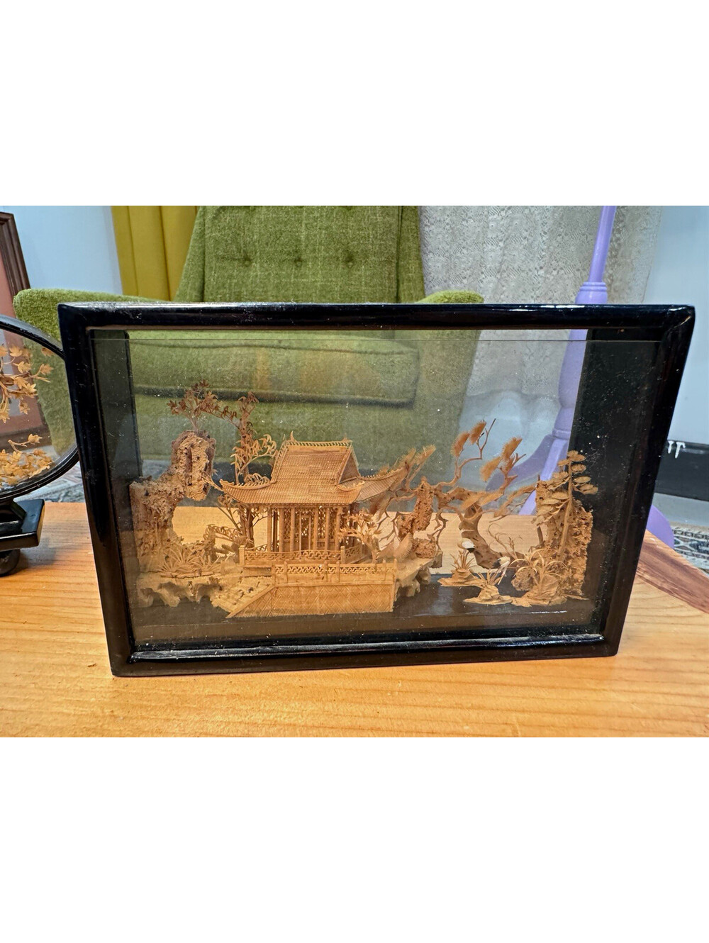 Asian cork Style Framed Wood Glass Shadow Box Diorama, Black